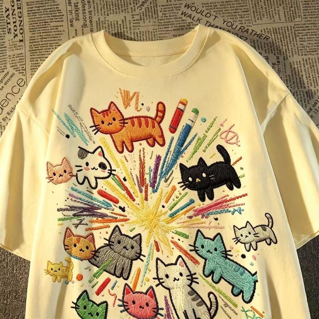 Y2K Clothing Fun and Cute Cat Print T-Shirt Sweet Aesthetic Anime Women's Loose Summer Trend
