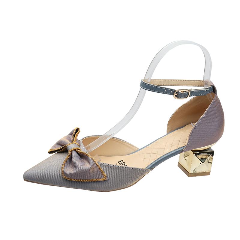 Fashion Women's Coarse Heel Sandals Pointy Toe Shallow Mouth Butterfly Knot Line with Non-slip Wear-resistant High Heels