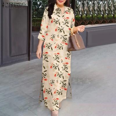 Women Turn Down Collar 3/4 Sleeve Loose Print Dress