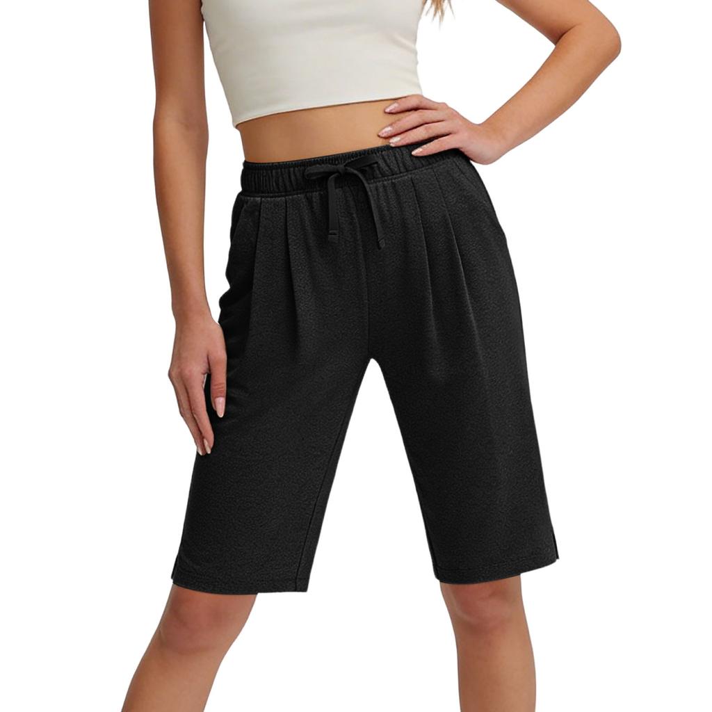 Women's High Waist Casual Shorts with Pockets Split Hem Elastic Waistband Drawstring for Fitness and Leisure