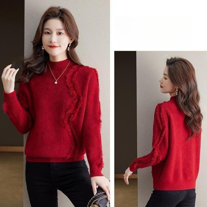 Half Turtleneck Sweater for Women Solid Color Tassel Pullover Fashionable and Casual Loose Knitted Sweater for Women In Autumn and Winter
