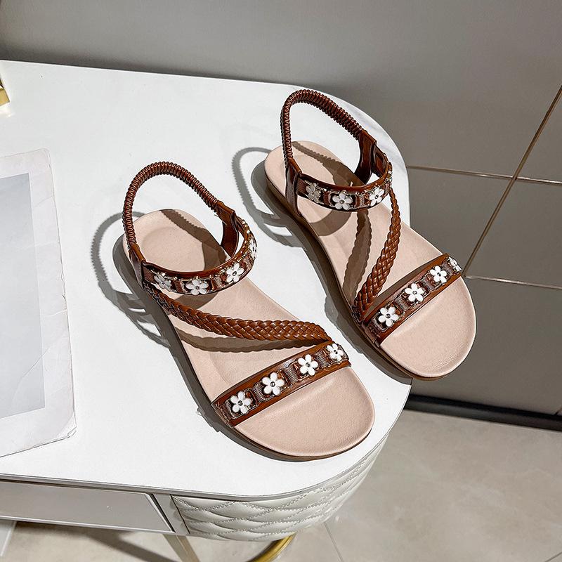 

2025 summer new rhinestone flower sandals large size flat sandals fashion elastic beach sandals women 43 хаки