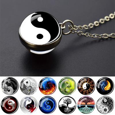 Yin Yang Cat Life Tree Necklaces Black and White Symbol Meditation Reiki Double Side Glass Ball Necklace Women Men Jewelry Gift