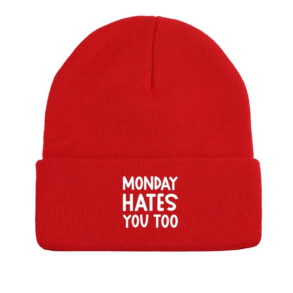 MONDAY HATES YOU TOO" Warm Knit Cap Beanie, White Text Man Cap Stretchy Candy Color Solid Color Gorro Knitted Hat Beanie