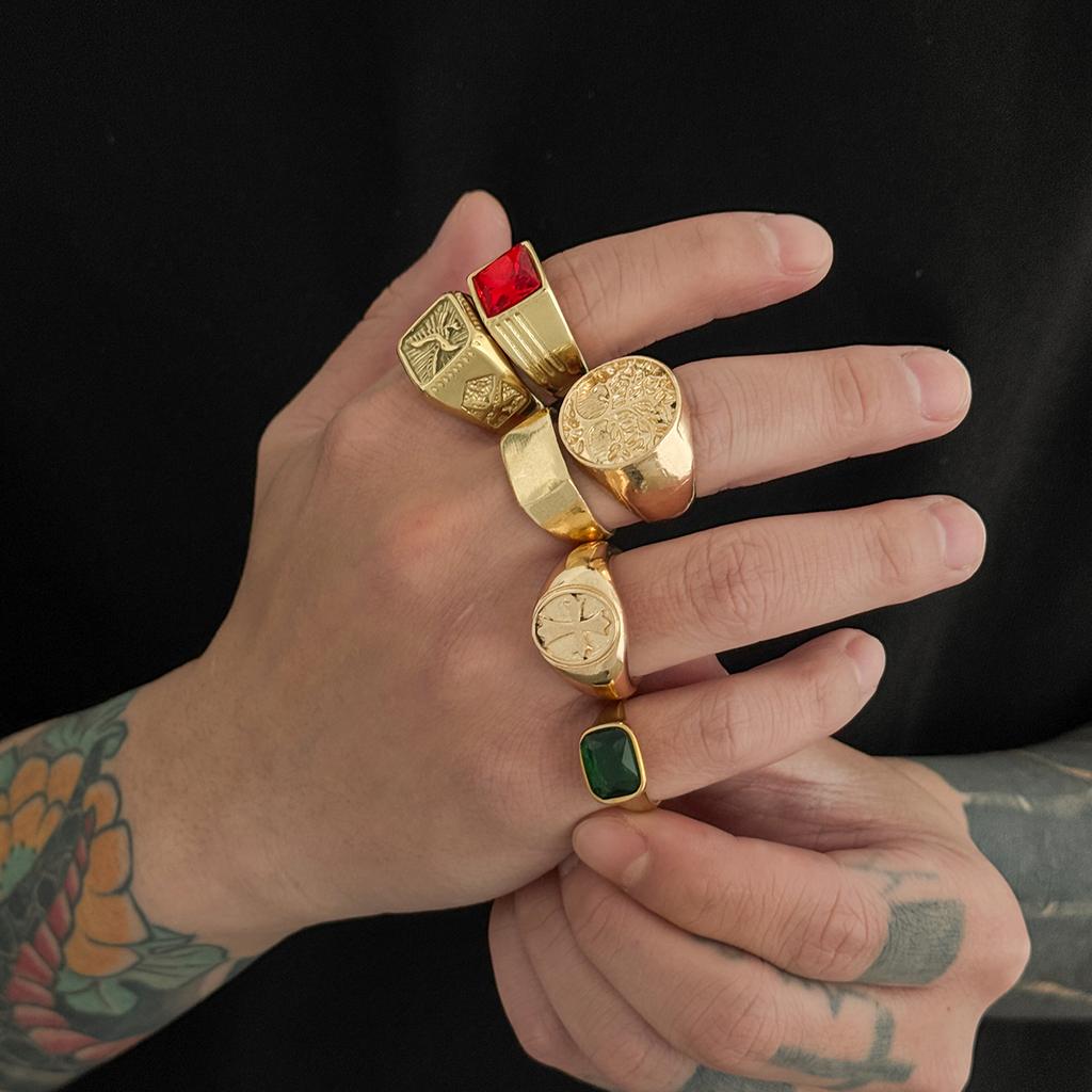 Salircon 6Pcs/Set Retro Gold Color Signet Chunky Rings Men Hip Hop Punk Acrylic Rhinestone Finger Ring Party Jewelry Accessory