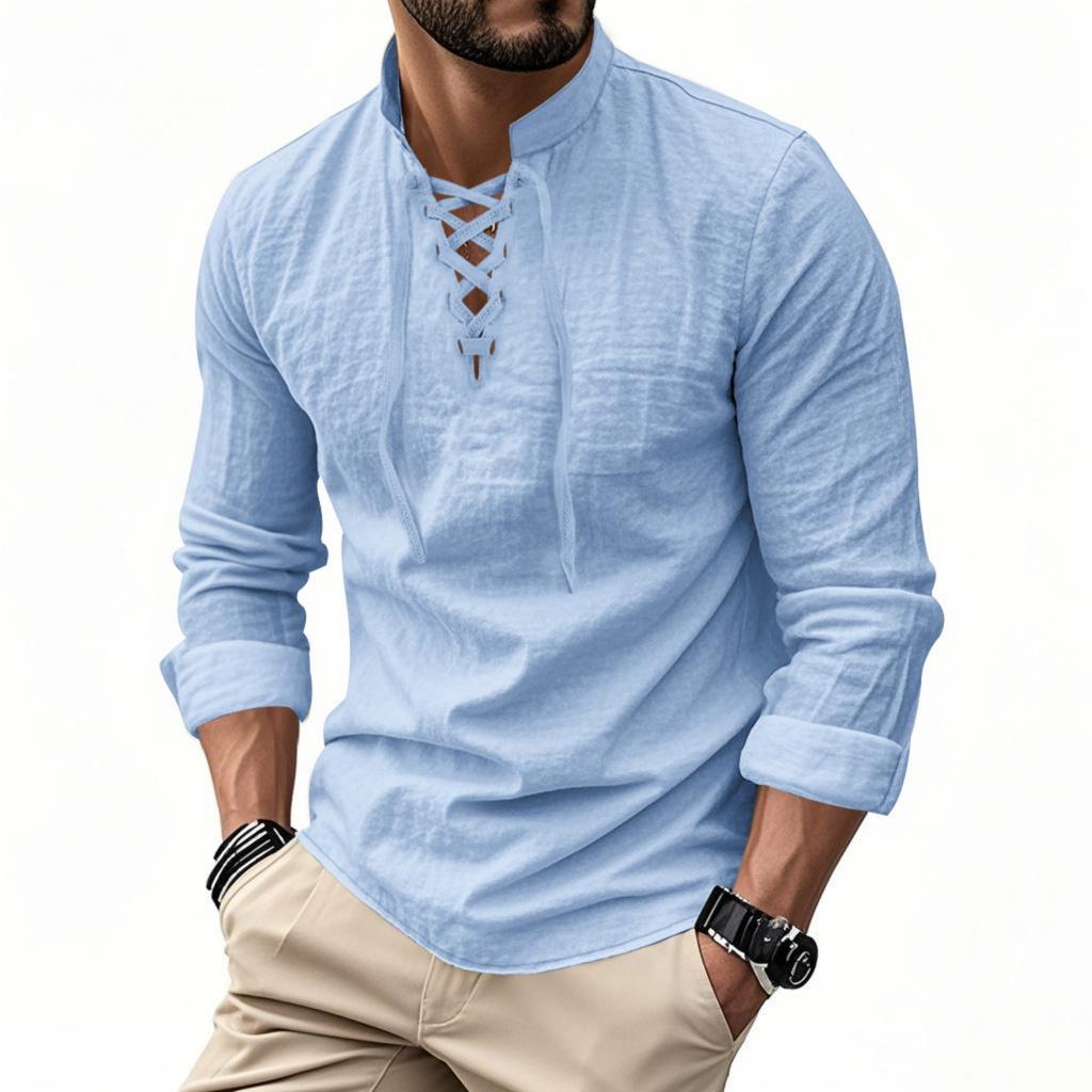 Camisa Casual Masculina, cor Algodão e Linho, Gola Lapela em Pé, Manga Longa, Top