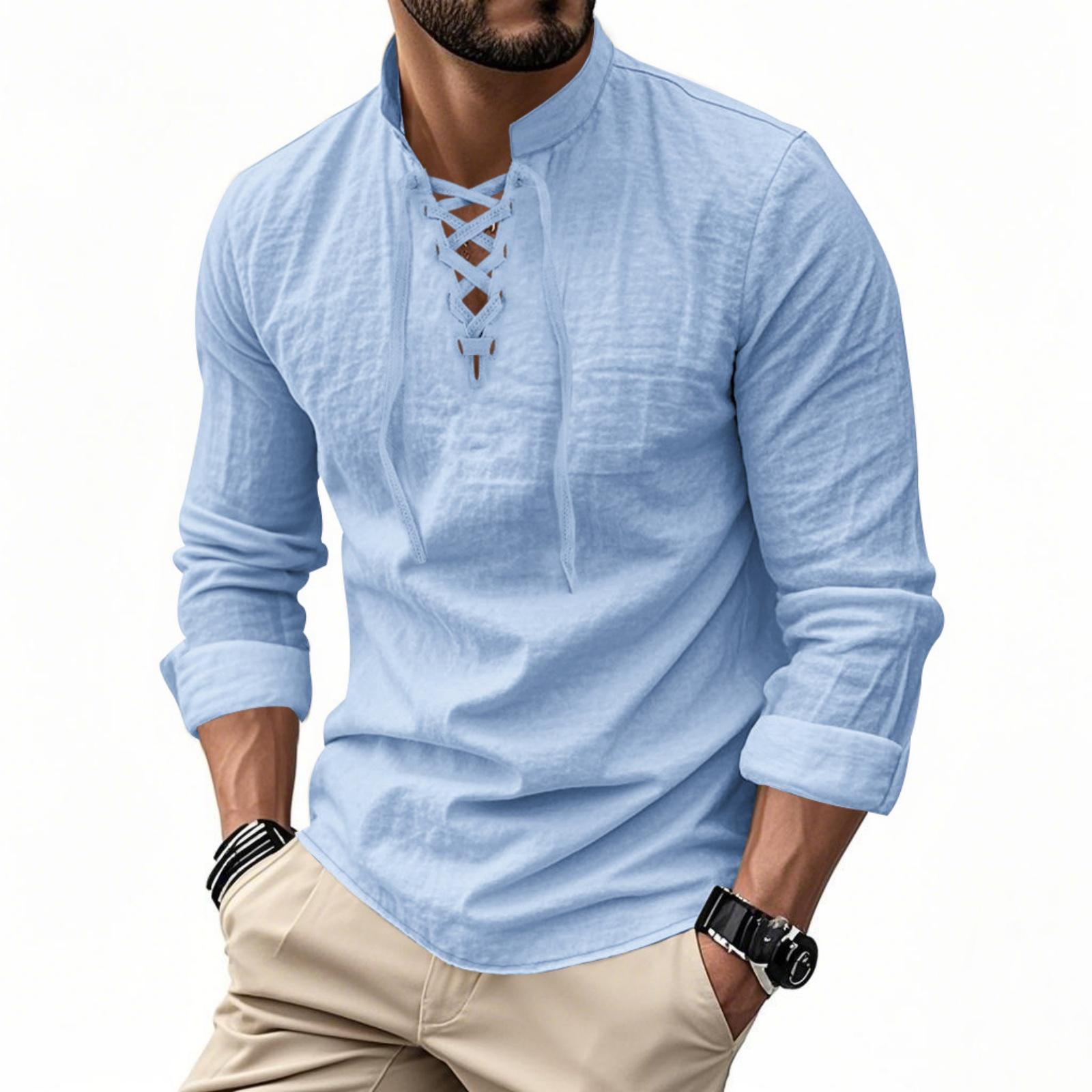Men s Casual -color Cotton And Linen Shirt, Men s Lapel Stand-up Collar Long-sleeved Top XXXL