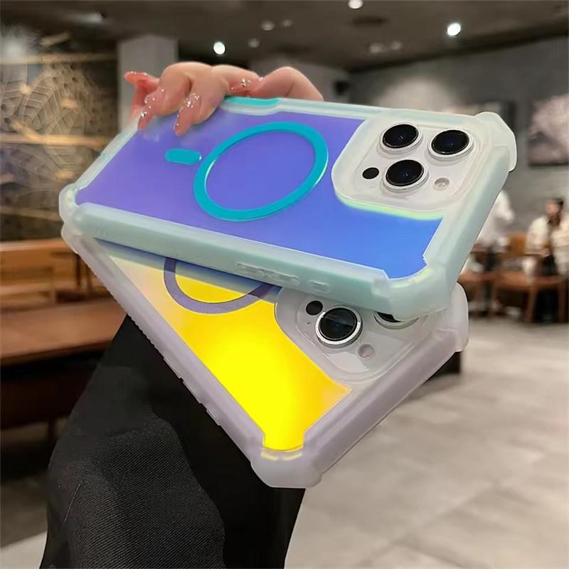 Luxury Magsafe Laser Dazzling Armor Case For iPhone 16 15 14 13 Pro Max Plus Samsung S22 23 24 25 Ultra Wireless Charging Dual Layer Protection Cover