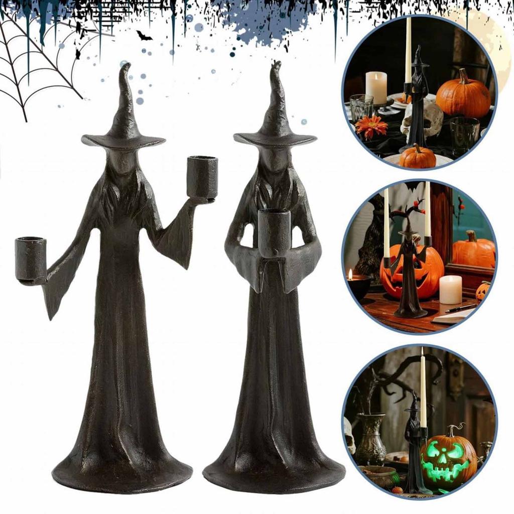 Elegantní svícen Čarodějnice - Unikátní černá halloweenská dekorace do interiéru, Stolní středový prvek, Výloha