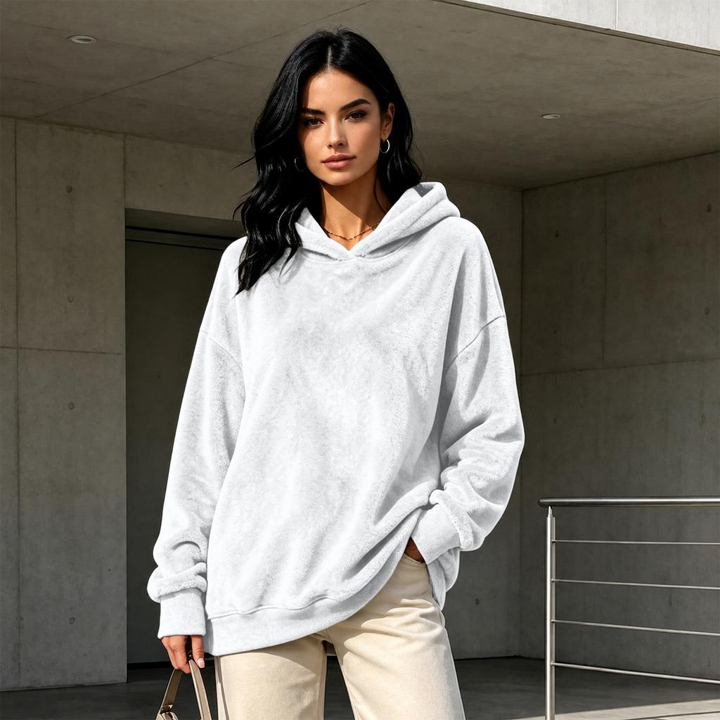 Women's Long Sleeve Flannel Hooded Pullover Color Casual Top