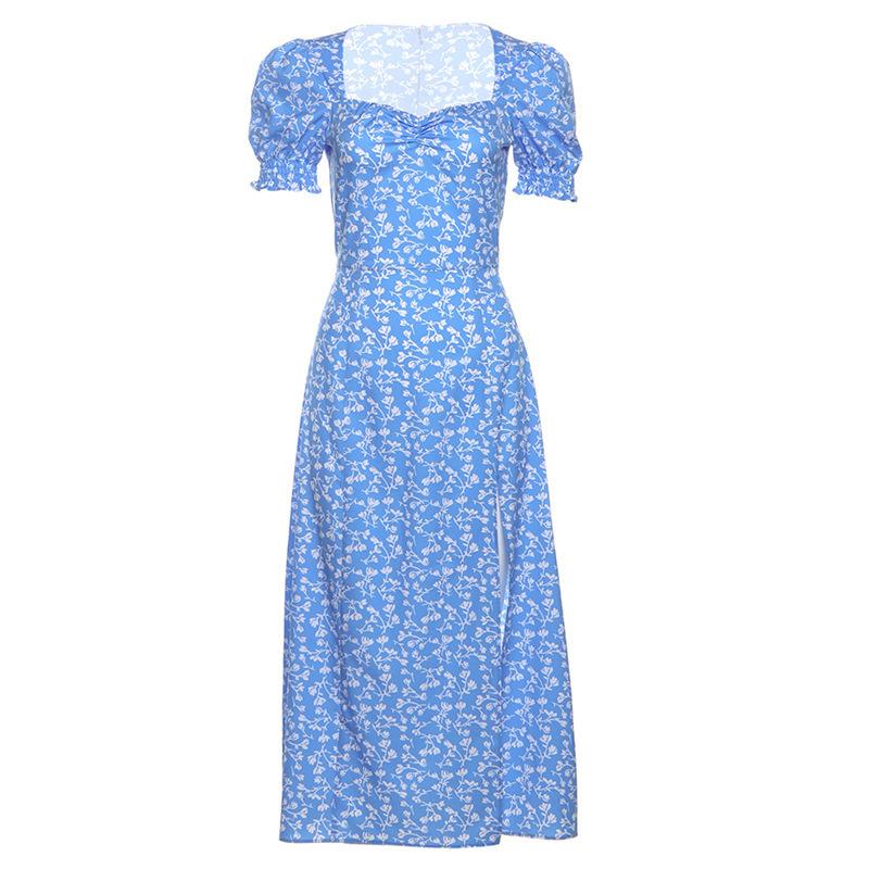 

Модный тренд женское платье с французским сексуальным квадратным воротником и цветочным узором на талии S синий