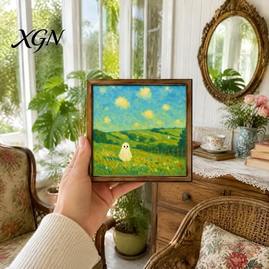 Distressed Halloween Party Props Ghost/Witch/Skeleton Decorative Painting, Wall Mount Square Wood Frame Wooden Decor Picture for Home