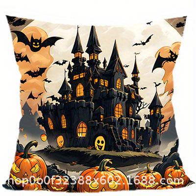 Home Decor Halloween Castle & Pumpkins Throw Pillow Cover Pattern Cushion Cover Suitable For Sofa Bedroom Car Pillow Cover
