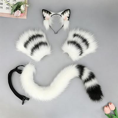 Plush Cat Ear Headband Fingerless Gloves Tail Set Adult Cosplay Costume Accessories