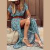 Floral Printed Belt V-neck Short Sleeve Women Long Dress Side Split Summer Lady Holiday Robe