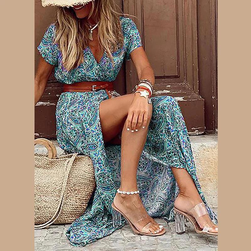 Floral Printed Belt V-neck Short Sleeve Women Long Dress Side Split Summer Lady Holiday Robe