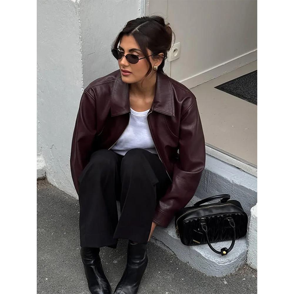 Dámská vínově červená krátká bunda z PU kůže Módní Podzimní Klopový límec Zip High Street Volné Kabáty Dámské Knoflíkové Svrchní Oblečení