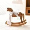 Wood Rocking Horse Figurine with Ribbon Handcrafted Rocking Horse Statue Home Office Living Room Kinetic Desktop Decoration Ornament