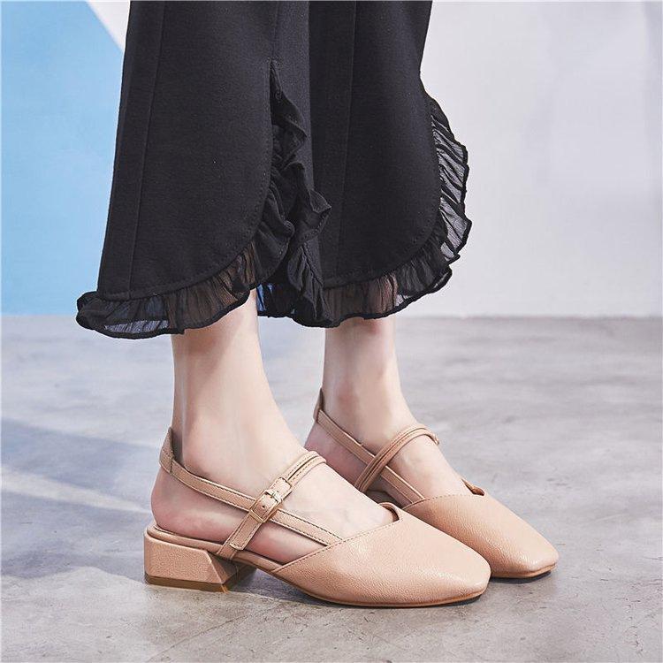Baotou Sandals Summer Middle Heel New Student Fairy Style Retro Thick Heel One Word with Single Shoes