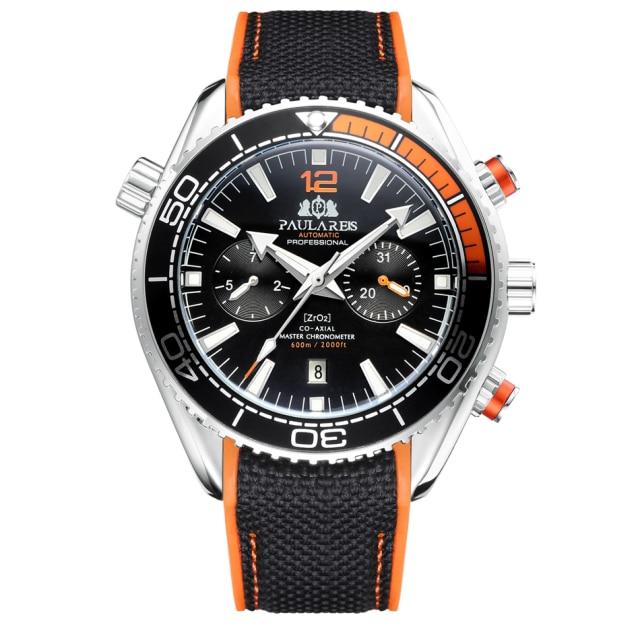 PAULAREIS Masculino Automático Auto Vento Mecânico Pulseira de Borracha de Lona Laranja Azul Vermelho Multifuncional Data Mês Relógio