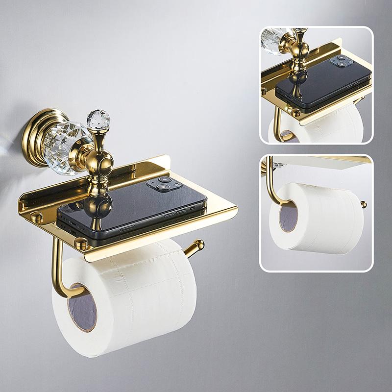 Crystal Paper Toilet Holders Wall Mount,Bathroom Tissue Roll Holder with Shelf, Toilet Accessory for Storage Gold Chrome 85486W