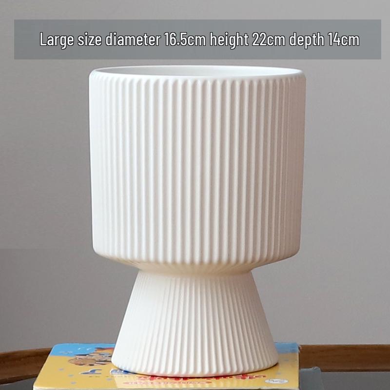 Nordic Ceramic Flower Pot with Tray - High-Footed Vertical Stripes for Indoor/ Balcony, Ideal for Pothos and Orchids.