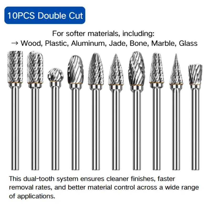 10PCS Carbide Burr Set Compatible with Dremel 1/8" Shank Die Grinder Rotary Tool Rasp Bits Wood Metal Carving Electric Grinding