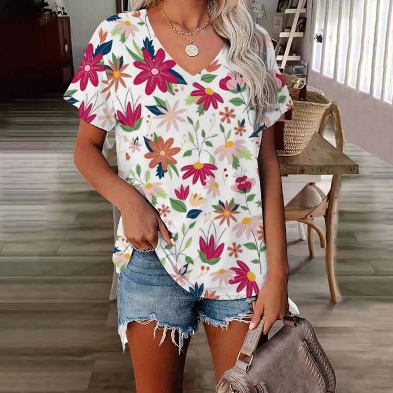

Футболка женская с цветочным принтом и V-образным вырезом, 3D-принт, ретро-мода, повседневная одежда с короткими рукавами 5XL