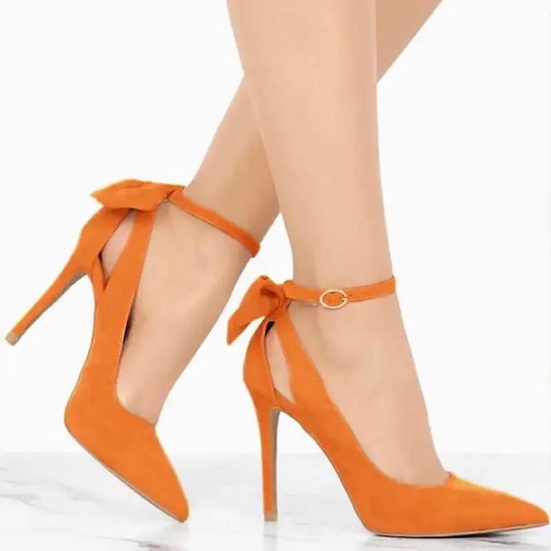Women's High Heels Bow Tie Back Sexy Stiletto Pumps Pointed Toe Bowknot 11cm Sexy Ankle Strap High Heeled Female Wedding Shoes