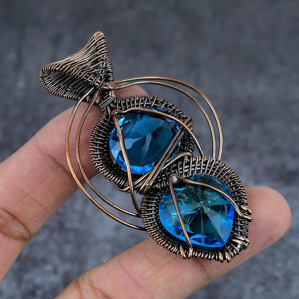 Niebieski Turmalin Ręcznie Robiony Miedziany Oplot Drutem Biżuteria Wisiorek 2,84" P8Y39