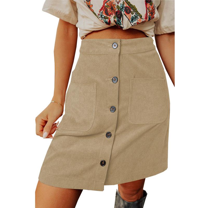 Women Button High Waist Corduroy Package Hip Skirt with Pocket