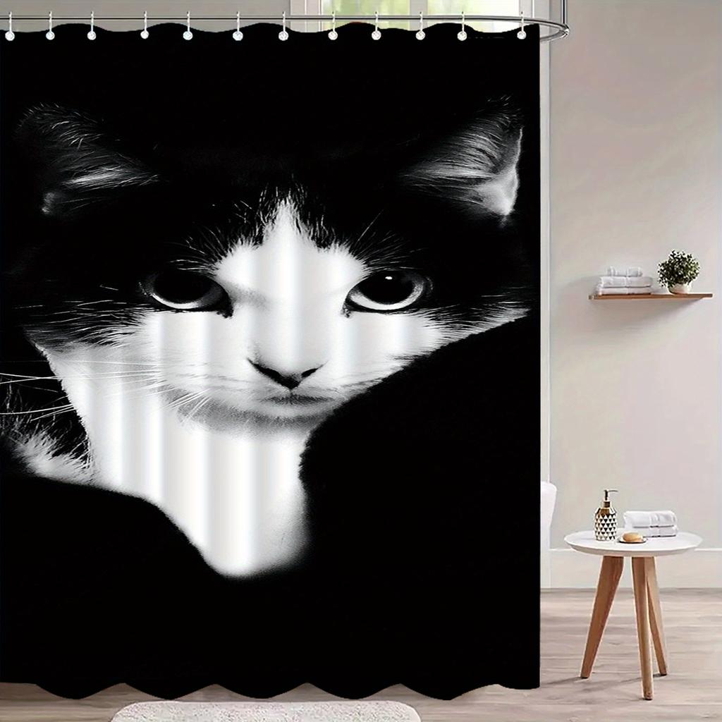 Black White Cat Shower Curtain Close Up Portrait Print Bathroom Decor Waterproof Curtains Pet Lover Home Style