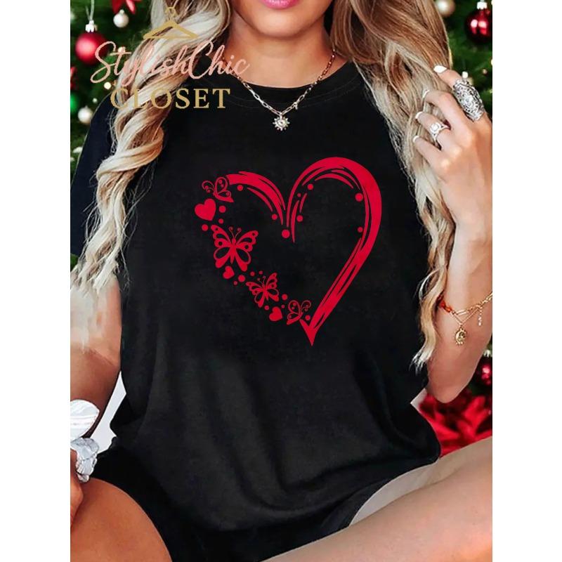 

European Size Women S Pure Loose-Fitting T-Shirt | Heart Butterfly Print,Romantic Cute Design,Soft Comfortable, Casual Wear, Ideal for Valentine S Day 4XL чорний
