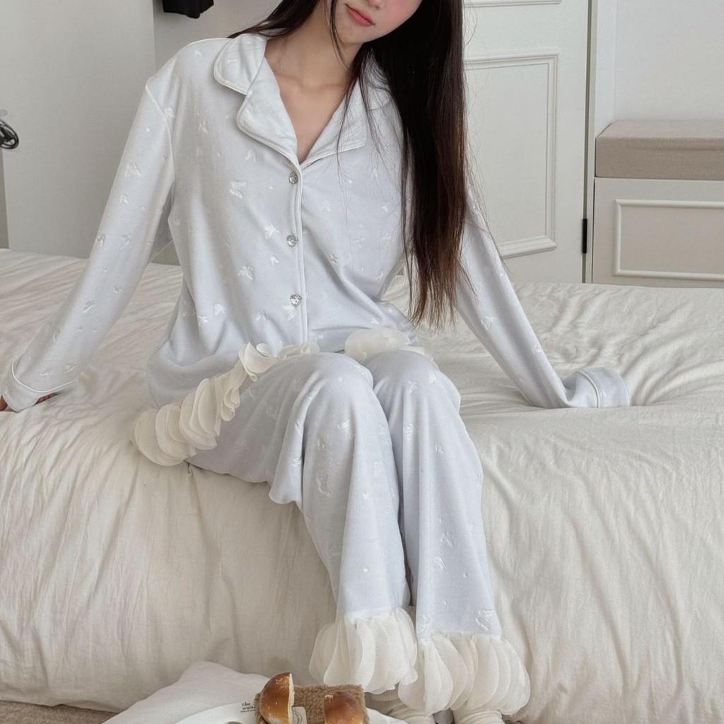 New Autumn Embossed Butterfly Pajama Set - Women's Double-Sided Fleece, Korean Style