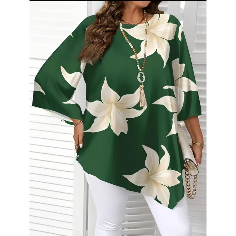 Large Size Print Is Irregular. Mid-length Sleeve Crew Neck Top