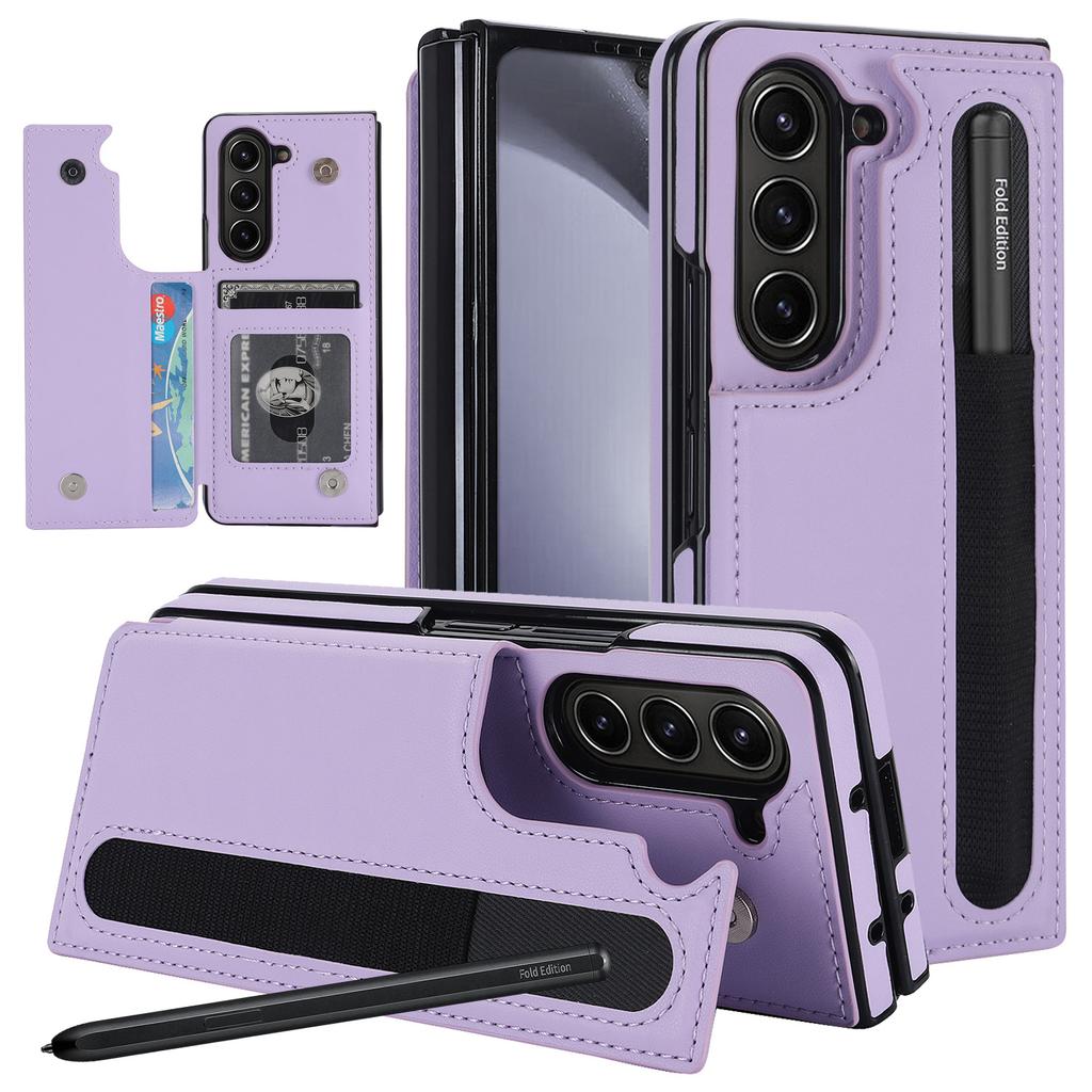 Adatto per Custodia per Cellulare con Schermo Pieghevole Samsung Z Fold7 Doppia Fibbia Porta Penna Fold3 4 5 6 Porta Carte Custodia in Pelle Tinta Unita