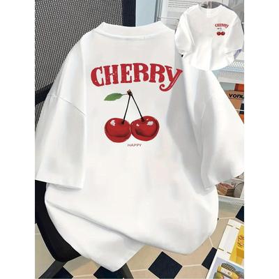 Damen Kirschen-Print T-Shirt Rundhals Kurzarm Süßes Frühling Sommer Party Lässig Ganzjährig Waschmaschinenfest Oberteil