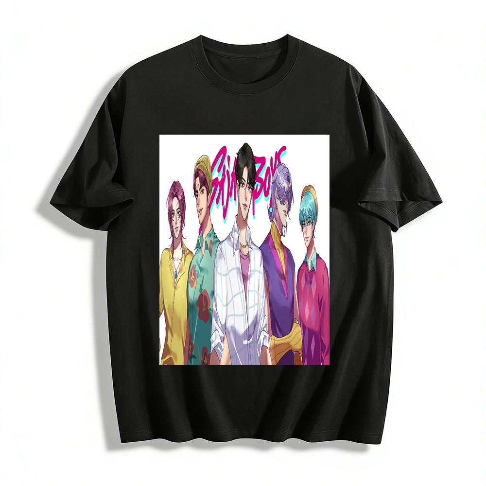 

Retro Cool Boy Group Print Short Sleeve T-Shirt Trendy Anime Style Loose Casual Unisex Top Pure cotton T-shirt XXS