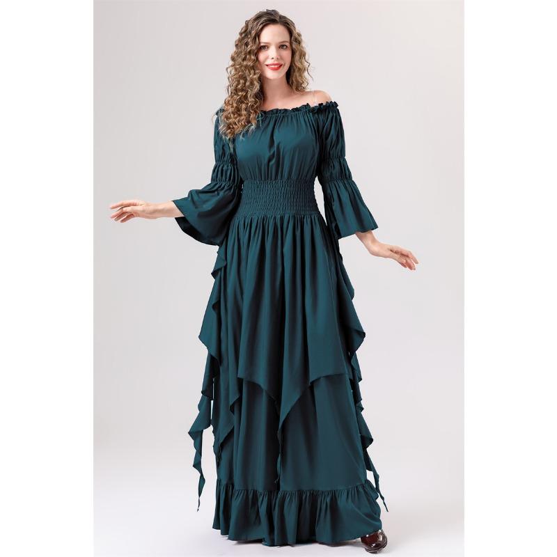 Halloween new medieval retro girdle gorgeous horn sleeve multi-color dress costume