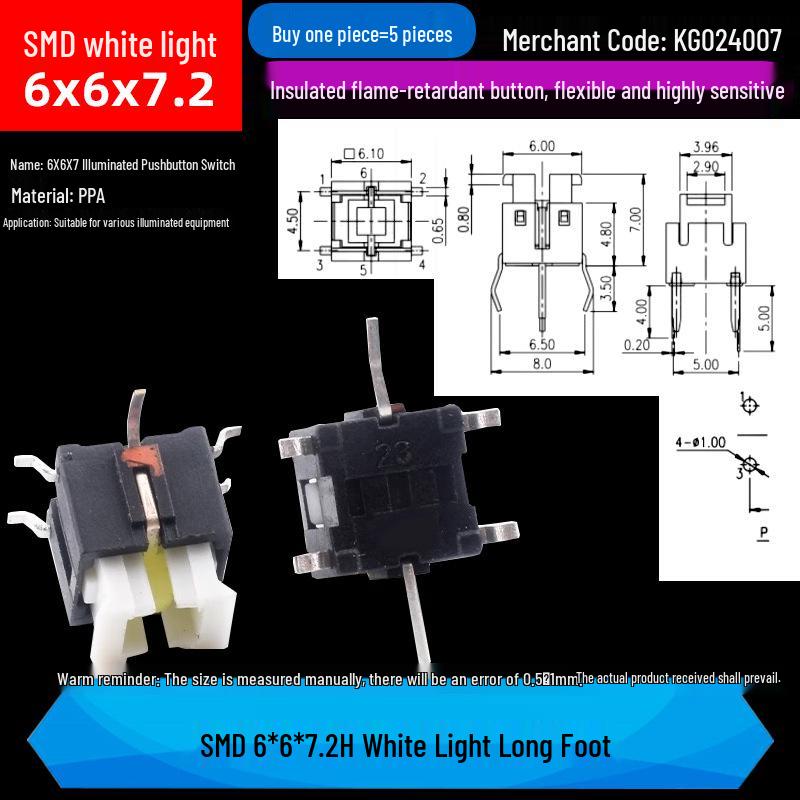 LED Luminous Tactile Switch 6x6x7/7.2mm Through-Hole Reset Button