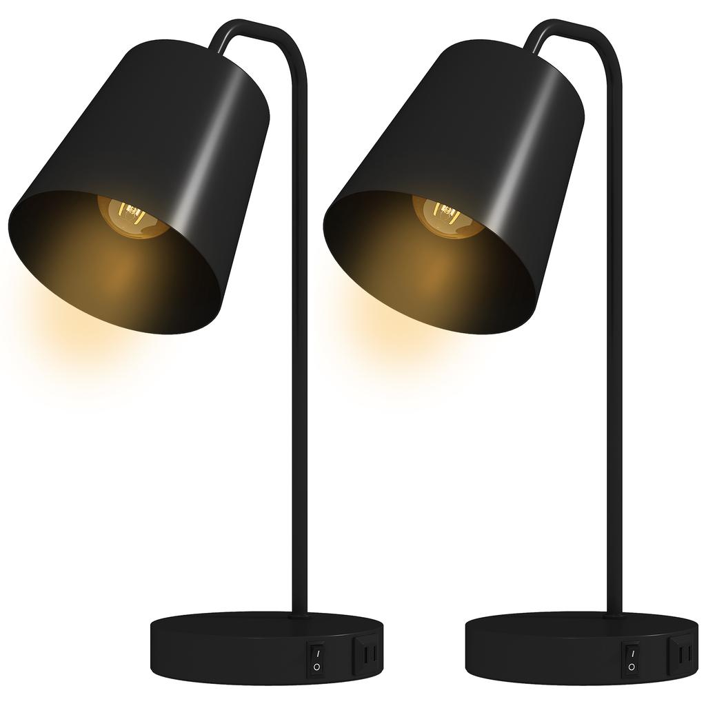 Table Lamp Set, 2 Pieces, Modern Lamps with USB-A and USB-C Port for Bedroom, Living Room & Office, Black