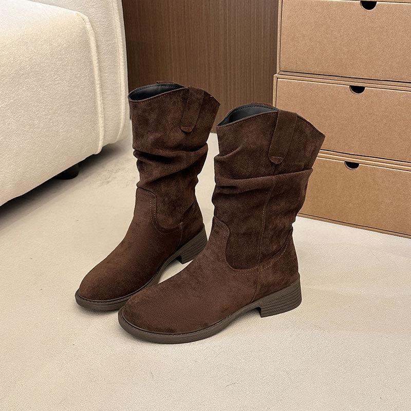 Boots Women's Autumn New Coarse Heel Suede Folded Western Cowboy Short Boots Retro Skinny Boots Pile Boots