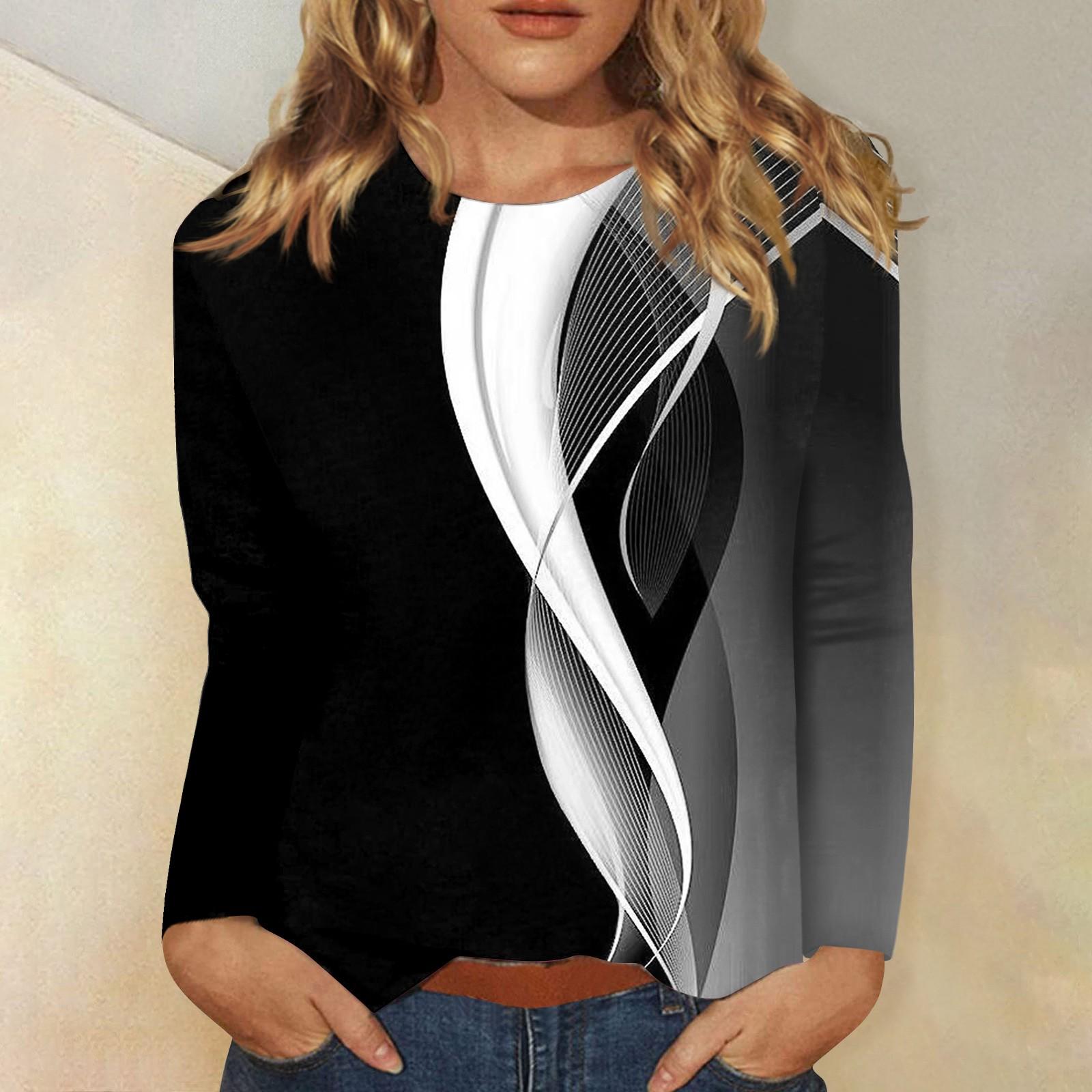 

Женский модный повседневный универсальный повседневный топ с круглым вырезом и длинными рукавами с принтом M чёрный