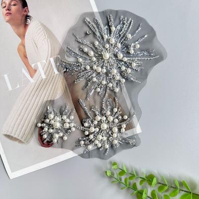 Mesh Handmade Beads Flower Embroidery Lace Cloth Sticker Clothing Dress Performance Clothing Decorative Cloth Sticker Accessories