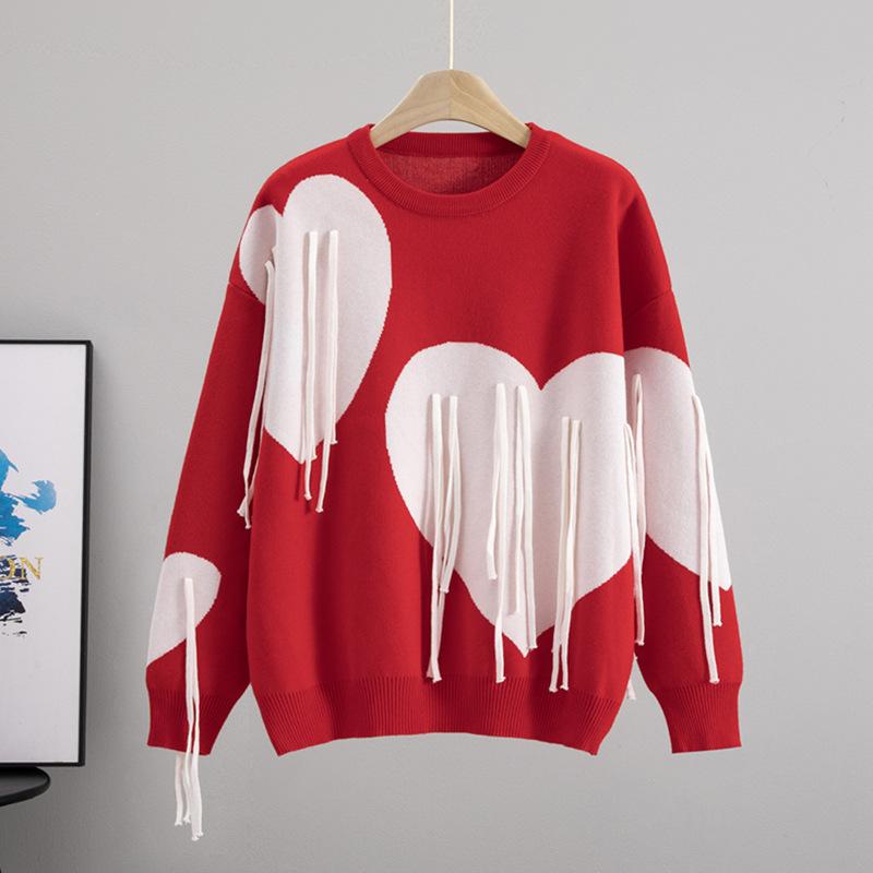 Soft Waxy Sweater Women's Autumn and Winter Soft Round Neck Fringed Love Loose Lazy Style Fashion Knitted Sweater Top Tide
