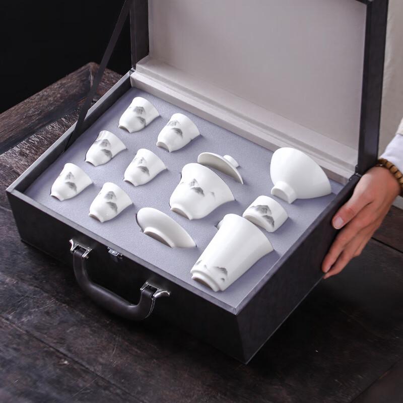 Muyi Mutton Fat Jade Style Ceramic Tea Set with Landscape Ink Design