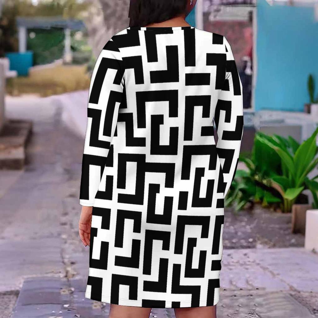 Women Plus Size V Neck Long Sleeve Abstract Printed Fitted Straight Dress