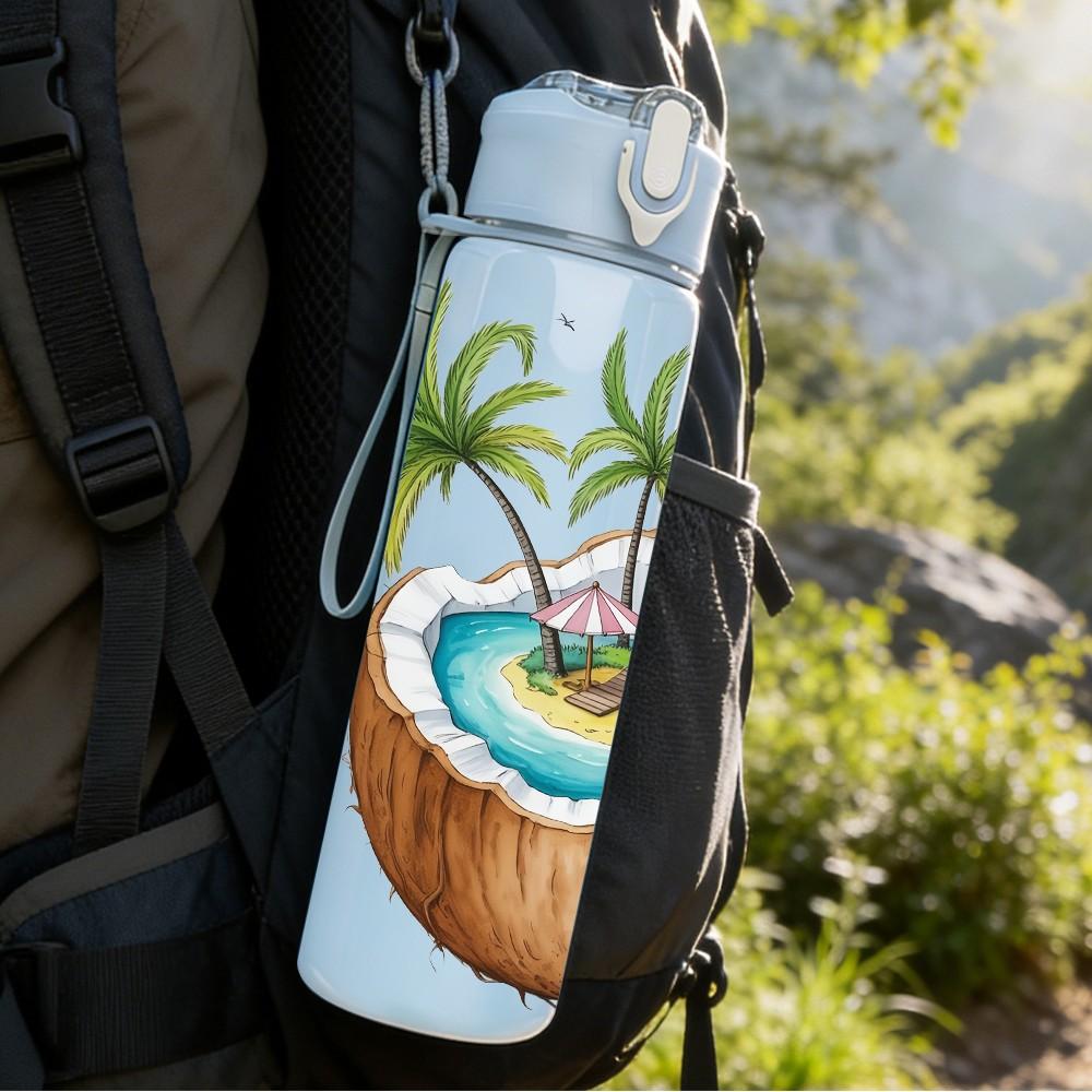 1PC Tropical Coconut Island Palm Tree Print 750ml Color Plastic Sports Water Bottle Leakproof Flip Straw Lid Suitable for Sports Office Home Use