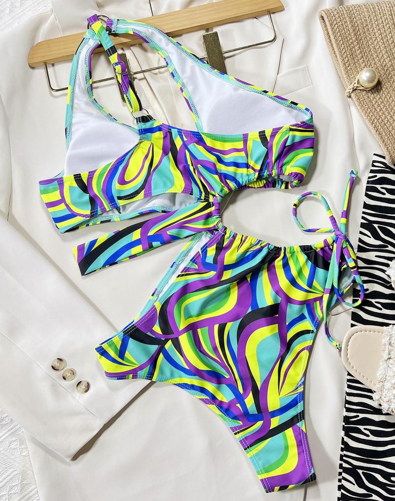 Sexy Women's Swimsuit Bikini One Shoulder Hollow Drawstring One-Piece Swimsuit Beachwear