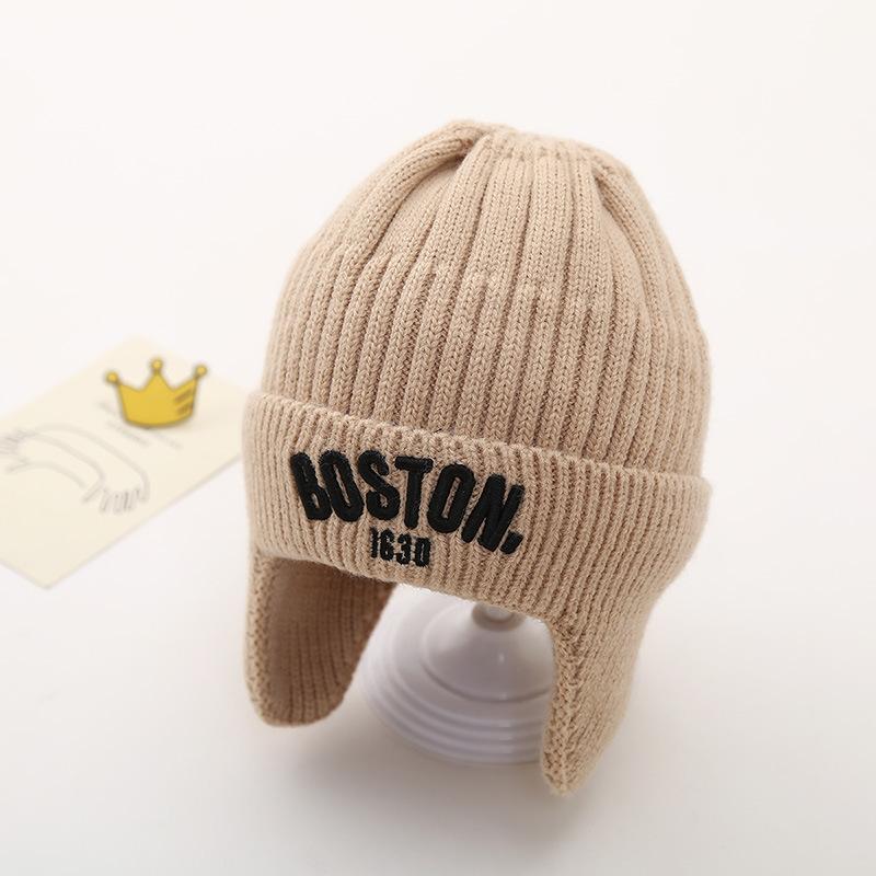 Winter Baby Knitted Hat with Earmuff Letter Embroidered Toddler Beanie Cap Solid Color Warm Woolen Kids Ear Protection Hats